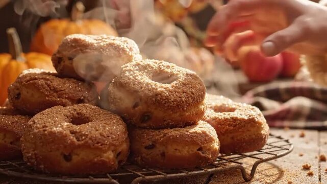 Freshly baked warm apple cider donuts on a cooling rack