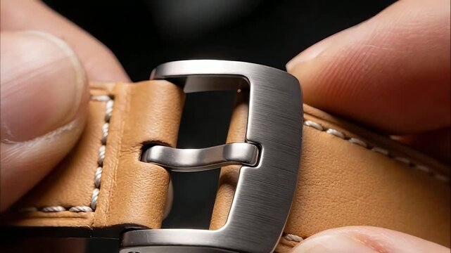 Extreme close up of a brushed steel watch buckle on a premium brown leather strap