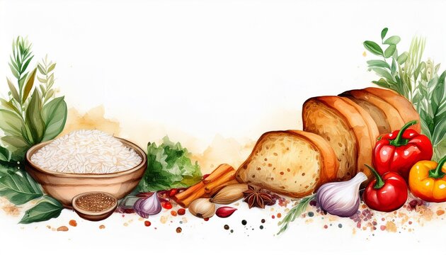 food in gredients rice bread vegetable spice watercolor background border