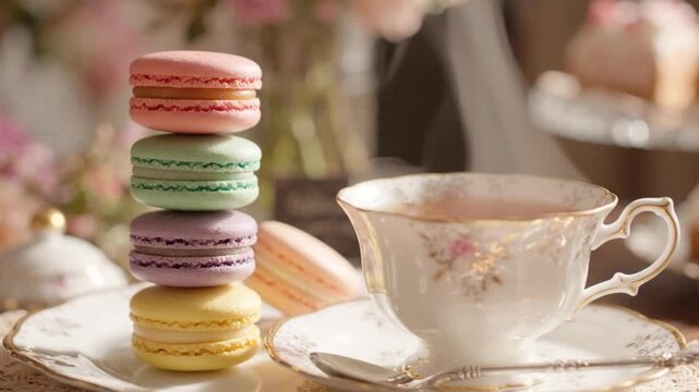 A stack of colorful french macarons next to a steaming cup of tea