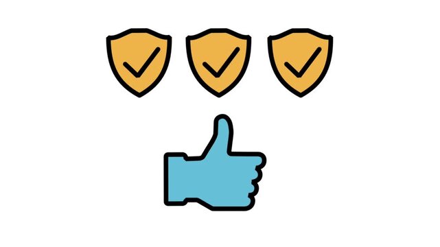 Animated flat line icon of three golden shields with checkmarks and a thumbs up, symbolizing reliable security, guaranteed protection, and customer approval.