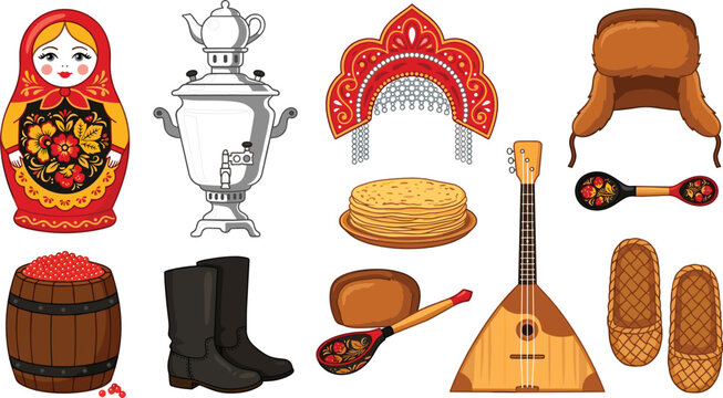 Traditional Russian Culture Icon Set with Matryoshka Doll, Samovar, Balalaika, Kokoshnik, Usanka Hat, and Khokhloma Spoons for Travel and Tourism Vector Illustration