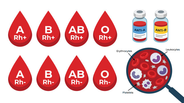 Blood type classification infographic showing ABO groups Rh factors and blood cell components under magnifying glass. EPS Editable