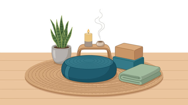 Cozy meditation corner illustration with zafu cushion yoga blocks blanket and plant on wooden floor. EPS Editable
