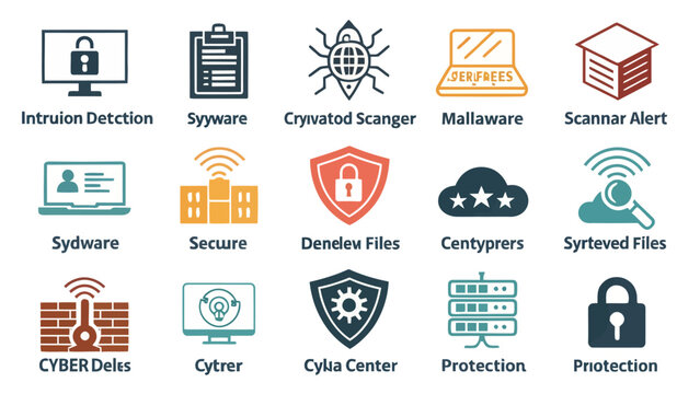 Collection of cybersecurity icons including malware, protection, and detection symbols