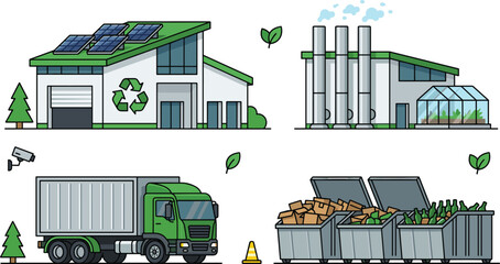 Obraz premium Eco Green Recycling Plant Building Set with Solar Panels, Cargo Delivery Truck, Greenhouse, and Large Waste Sorting Containers Vector Illustration