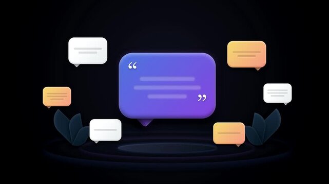 Floating 3d chat bubbles and quote boxes on dark background
