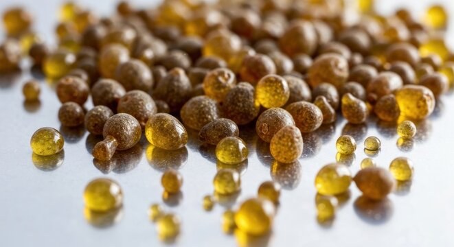 Amber-colored fertilizer beads scattered on a reflective surface, close-up view.