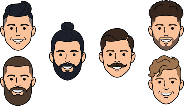 Handsome Men Face Avatar Set with Trendy Hairstyles, Beards, and Moustaches for Barbershop Signs, Profile Icons, and Male Grooming Designs Vector Illustration