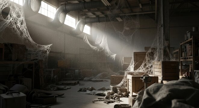 abandoned warehouse with cobwebs and debris