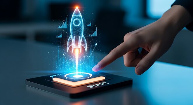 Startup launch and high-growth investment. An investor's hand touches a 'start' button that launches a holographic 'rocket', representing a startup launch.