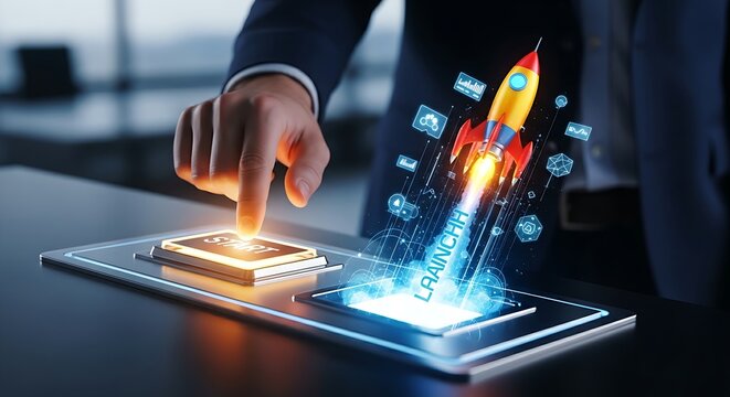 Startup launch and high-growth investment. An investor's hand touches a 'start' button that launches a holographic 'rocket', representing a startup launch.