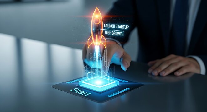 Startup launch and high-growth investment. An investor's hand touches a 'start' button that launches a holographic 'rocket', representing a startup launch.
