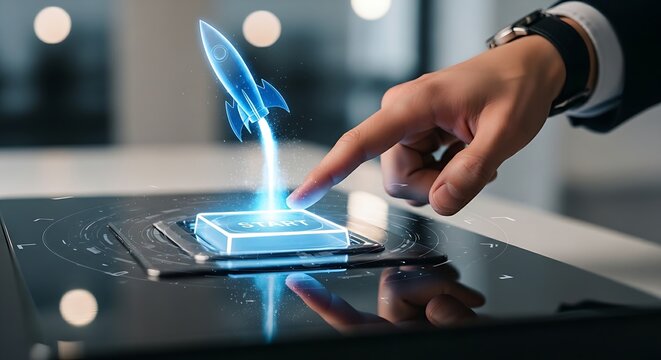 Startup launch and high-growth investment. An investor's hand touches a 'start' button that launches a holographic 'rocket', representing a startup launch.