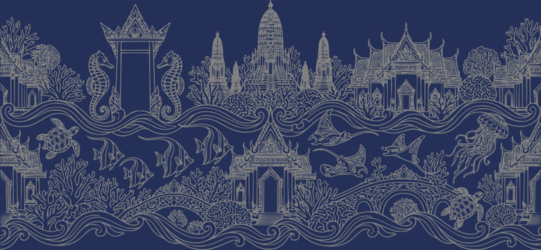 A seamless pattern in image.png featuring traditional Thai architecture and marine life, rendered as a gold-line illustration on a deep blue background, ideal for textiles, wallpapers, and elegant pac
