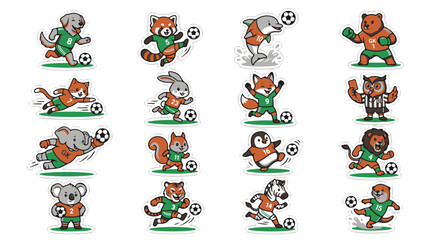 Obraz premium Cute Cartoon Animal Characters Playing Soccer in Sports Uniforms