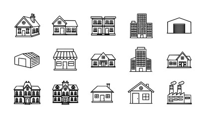 A black editable stroke line vector illustration set of 12 home and building icons on a white background. Includes house with garden, apartment block, office building, factory, warehouse, villa, cabin © MdFaruk