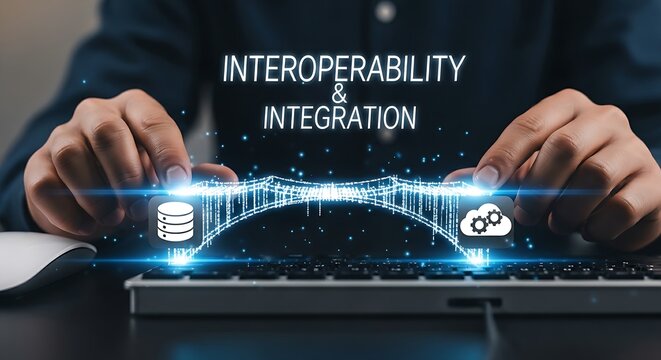 Interoperability and integration. A developer's hands build a 'bridge' of code between two software platform icons, symbolizing interoperability.