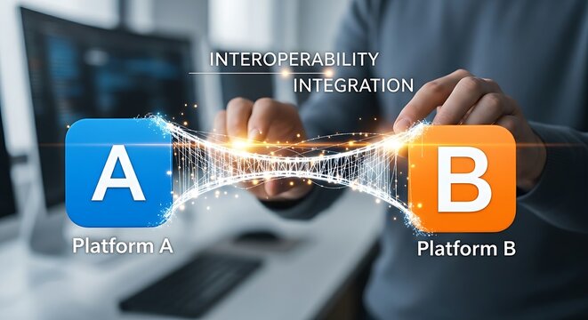 Interoperability and integration. A developer's hands build a 'bridge' of code between two software platform icons, symbolizing interoperability.