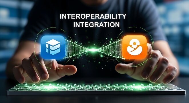 Interoperability and integration. A developer's hands build a 'bridge' of code between two software platform icons, symbolizing interoperability.
