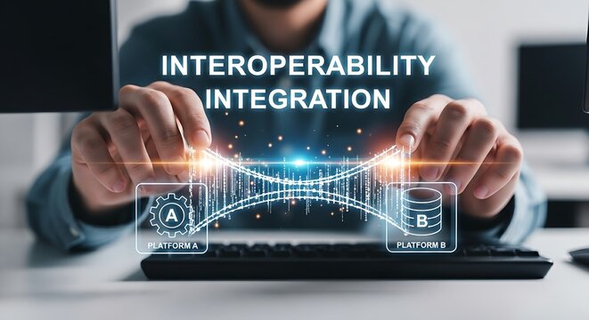 Interoperability and integration. A developer's hands build a 'bridge' of code between two software platform icons, symbolizing interoperability.