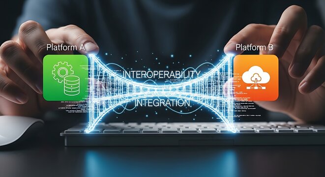 Interoperability and integration. A developer's hands build a 'bridge' of code between two software platform icons, symbolizing interoperability.