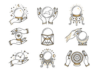 Mystical Crystal Ball and Hand Icons Set: Esoteric Magic, Astrology, and Divination Vector Illustrations with Celestial Stars, Moons, and Zodiac Symbols © Sigit