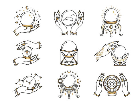 Mystical Crystal Ball and Hand Icons Set: Esoteric Magic, Astrology, and Divination Vector Illustrations with Celestial Stars, Moons, and Zodiac Symbols