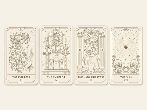 Minimalist Tarot Card Line Art Illustration Set - The Empress, Emperor, High Priestess, and The Sun