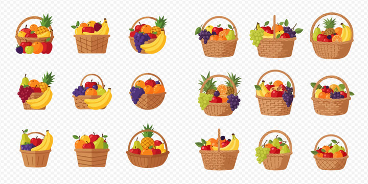 Collection of various fruit baskets filled with fresh, colorful, and healthy produce, including apples, bananas, grapes, and pineapples, on a transparent background.