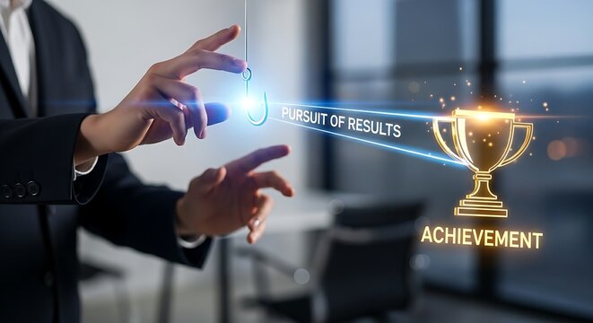 Reaching for results and achievement. A business strategist's hands throw a holographic 'hook' to pull a 'trophy' icon closer, symbolizing the pursuit of results.