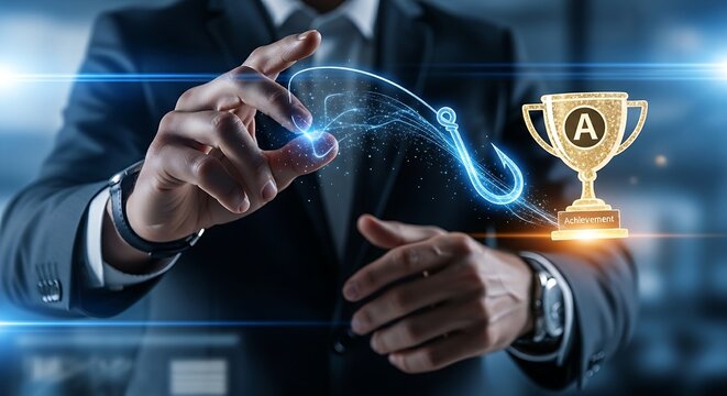 Reaching for results and achievement. A business strategist's hands throw a holographic 'hook' to pull a 'trophy' icon closer, symbolizing the pursuit of results.