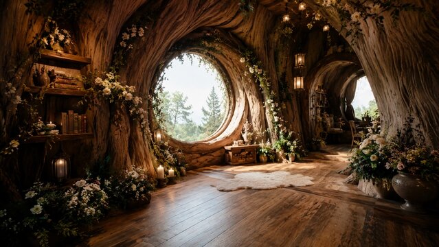 Enchanting Treehouse Interior with Round Window and Forest View
