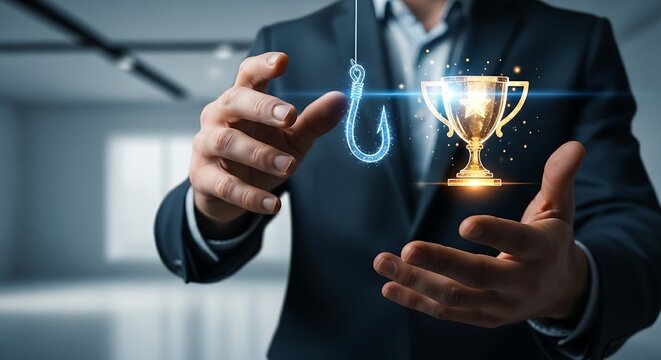 Reaching for results and achievement. A business strategist's hands throw a holographic 'hook' to pull a 'trophy' icon closer, symbolizing the pursuit of results.