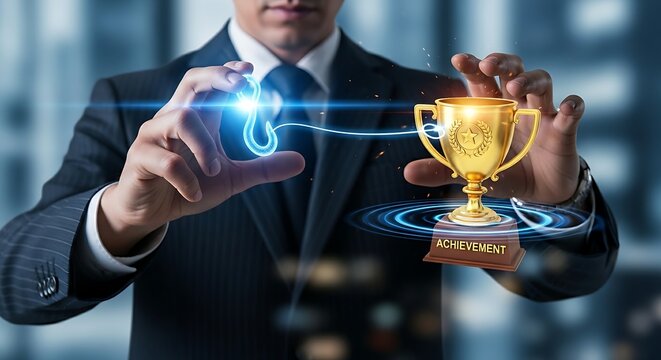 Reaching for results and achievement. A business strategist's hands throw a holographic 'hook' to pull a 'trophy' icon closer, symbolizing the pursuit of results.