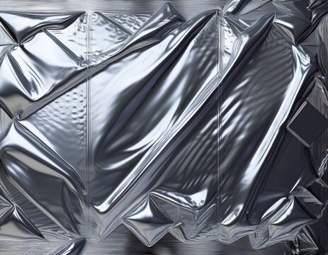 abstract silver chrome plastic wrap texture featuring square vacuum sealed indentation with glossy reflections and halftone grain for futuristic 3d background