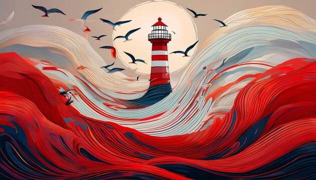abstract scene of flying birds and a lighthouse amidst red and white waves