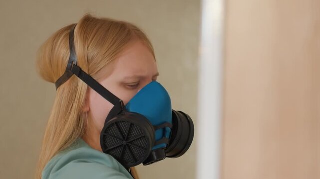 Woman inspecting house wall wearing blue respirator and gloves, professional examines door frame and cabinet for mold and moisture with closeup focus, neutral beige interior, serious analytical mood