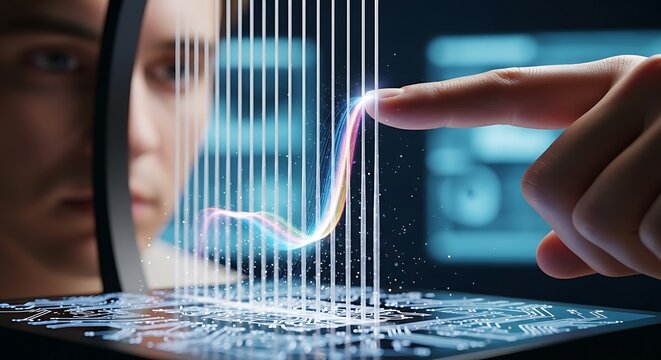 Fine-tuning a strategy or system. A close-up of a finger 'tuning' the strings of a holographic 'harp', representing the fine-tuning of a system for perfect harmony.