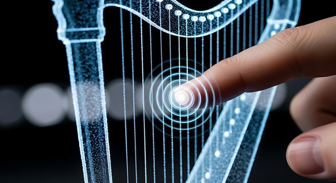 Fine-tuning a strategy or system. A close-up of a finger 'tuning' the strings of a holographic 'harp', representing the fine-tuning of a system for perfect harmony.
