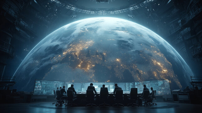 Global Strategy Room: A team of strategists gathers in a futuristic command center, observing the Earth illuminated by city lights on a massive screen.