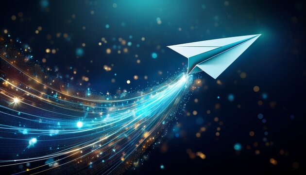 paper plane launching with sparkling digital trail symbolizing digital adoption and seamless technology onboarding