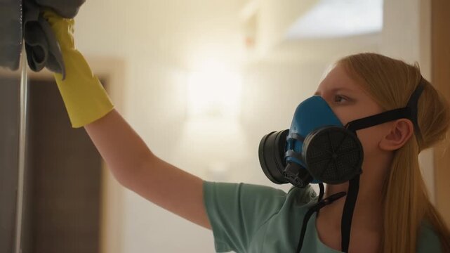 Woman cleaning house wearing respirator mask, wiping doorframe with yellow glove and cloth under warm hallway light methodical reach and inspection, professional deepcleaning and allergen removal,