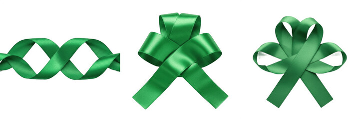 Elegant Green Satin Ribbons and Bows Set Isolated on White Background - Realistic Silk Gift Wrap Elements, Christmas Holiday Decoration Graphic, Birthday Anniversary Packaging PNG Clipart, Festive Bow