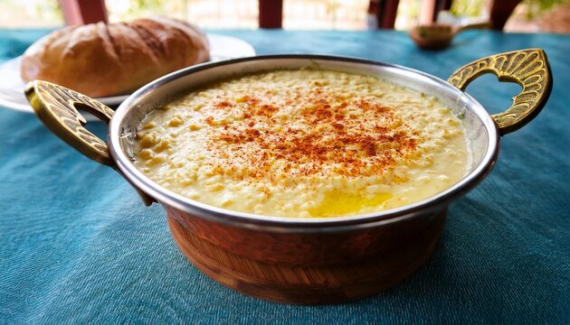 turkish mihlama aka kuymak famous traditional food from black sea region in turkey by melting the cornmeal and cheese together in a copper pan called sahan and served hot with bread