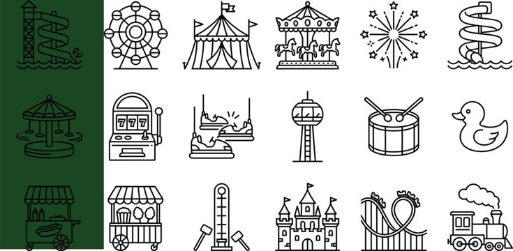 Amusement park line icon set with ferris wheel roller coaster carousel and carnival elements