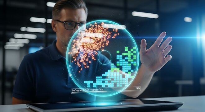 System optimization concept. An IT professional's hands 'defragment' a holographic disk, reorganizing chaotic data blocks into a clean, orderly structure.