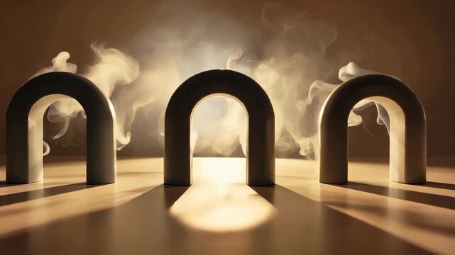 Three white arch sculptures with smoke behind them and dramatic sunlight