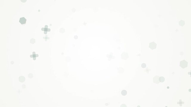 Clean white abstract background loop featuring soft green cross icons and floating geometric particles on a bright backdrop. Ideal for medical clinical and science presentation slides