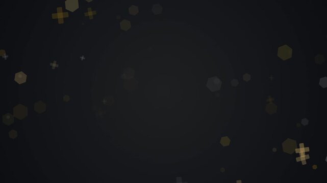 Elegant dark background loop featuring gold and silver geometric bokeh particles floating softly on a black backdrop. Perfect for luxury corporate and awards presentation slides